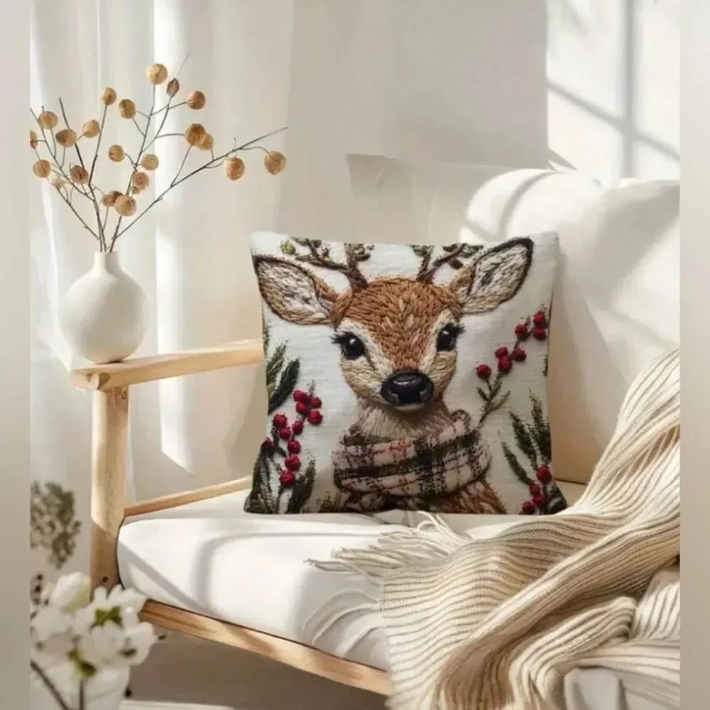 LAST ONE! NEW! (1) 2-D Print Vintage-Style Reindeer Holly Winter Pillow Cover
